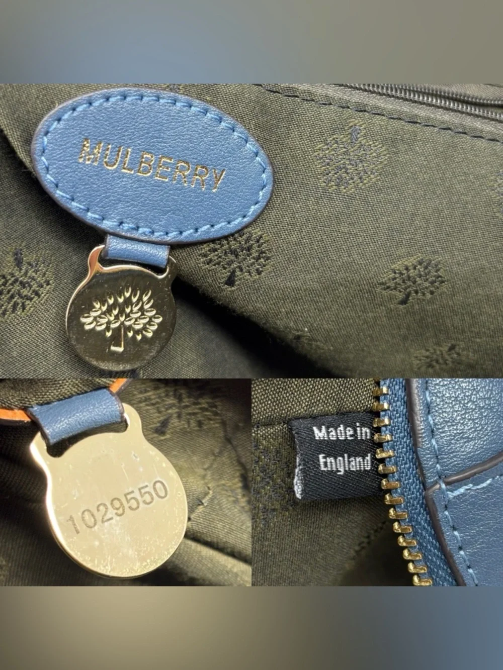 Mulberry Del Rey Slate Blue Leather Satchel Top Handle Bag Gold Hardware Medium